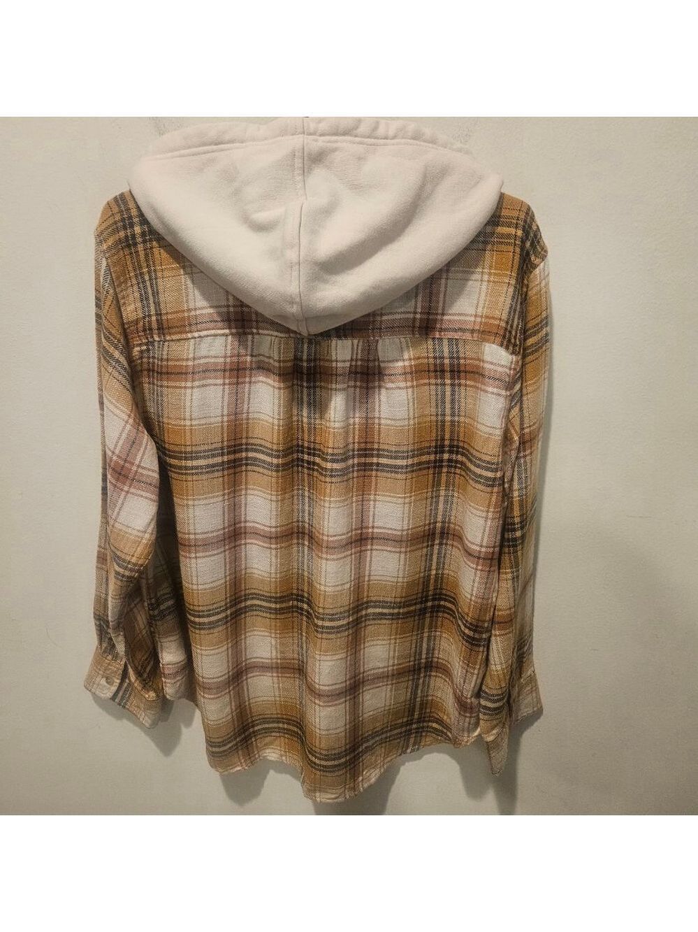 Women's American Eagle Oversized Hooded Plaid Flannel Shirt L Beige Brown - Picture 7 of 11